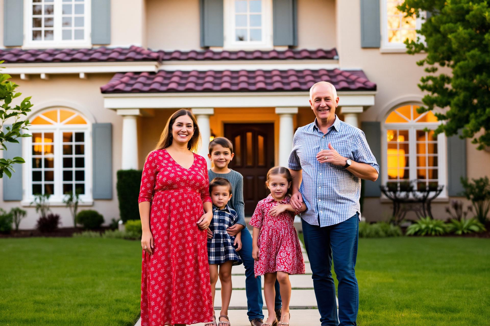Happy family in front of their new home